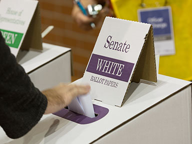 Voter placing Senate ballot paper in ballot box